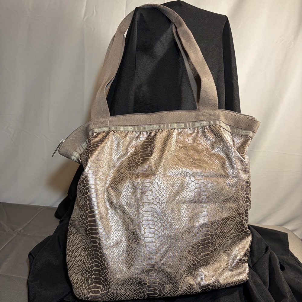 Lesportsac shoulder strap tote, metallic snake skin/python pattern zip closure